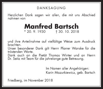 Traueranzeige von Manfred Bartsch von Wetterauer Zeitung, Wetterauer Zeitung