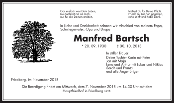 Traueranzeige von Manfred Bartsch von Wetterauer Zeitung, Wetterauer Zeitung
