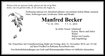 Traueranzeige von Manfred Becker von Giessener Allgemeine, Alsfelder Allgemeine