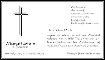 Traueranzeige von Margit Stein von Licher Wochenblatt, Licher Wochenblatt, Licher Wochenblatt
