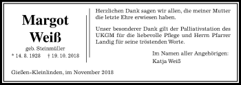 Traueranzeige von Margot Weiß von Giessener Allgemeine, Alsfelder Allgemeine