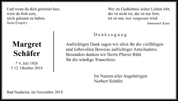 Traueranzeige von Margret Schäfer von Wetterauer Zeitung, Wetterauer Zeitung