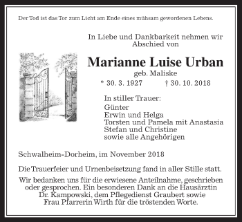 Traueranzeige von Marianne Urban von Wetterauer Zeitung, Wetterauer Zeitung
