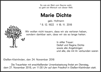 Traueranzeige von Marie Dichte von Giessener Allgemeine, Alsfelder Allgemeine