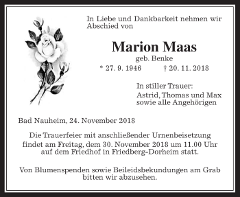 Traueranzeige von Marion Maas von Wetterauer Zeitung, Wetterauer Zeitung