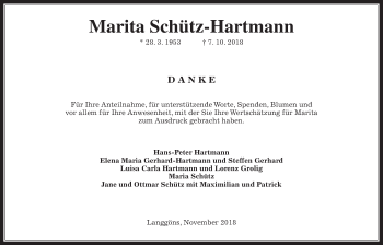 Traueranzeige von Marita Schütz-Hartmann von Giessener Allgemeine, Alsfelder Allgemeine