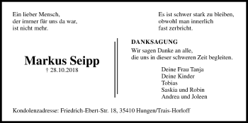 Traueranzeige von Markus Seipp von Licher Wochenblatt, Licher Wochenblatt, Licher Wochenblatt