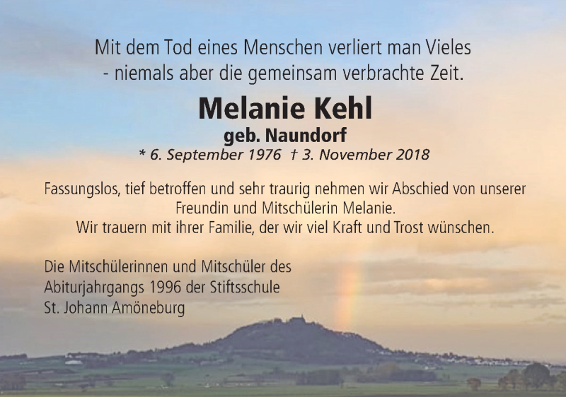  Traueranzeige für Melanie Kehl vom 08.11.2018 aus Alsfelder Allgemeine
