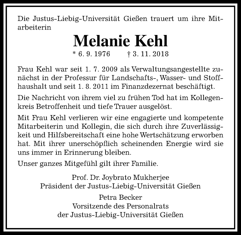  Traueranzeige für Melanie Kehl vom 10.11.2018 aus Giessener Allgemeine, Alsfelder Allgemeine