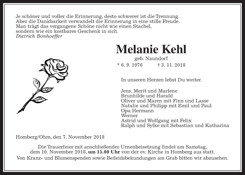  Traueranzeige für Melanie Kehl vom 07.11.2018 aus Giessener Allgemeine, Alsfelder Allgemeine