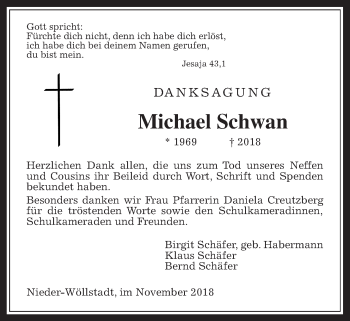 Traueranzeige von Michael Schwan von Wetterauer Zeitung, Wetterauer Zeitung