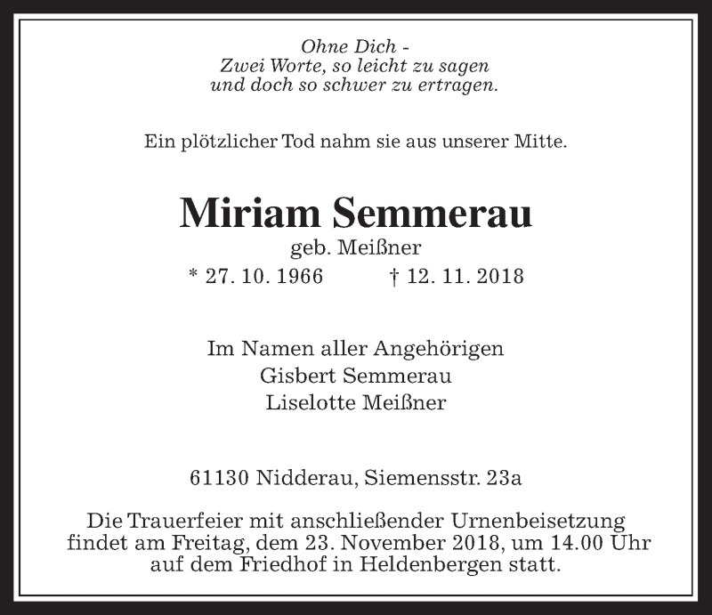  Traueranzeige für Miriam Semmerau vom 17.11.2018 aus Wetterauer Zeitung, Wetterauer Zeitung