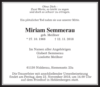 Traueranzeige von Miriam Semmerau von Wetterauer Zeitung, Wetterauer Zeitung