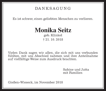 Traueranzeige von Monika Seitz von Giessener Allgemeine, Alsfelder Allgemeine