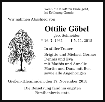 Traueranzeige von Ottilie Göbel von Giessener Allgemeine, Alsfelder Allgemeine