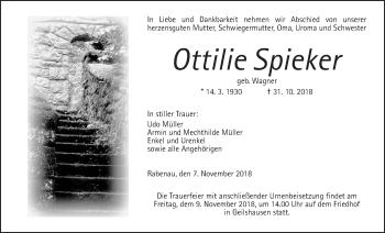 Traueranzeige von Ottilie Spieker von Giessener Allgemeine, Alsfelder Allgemeine