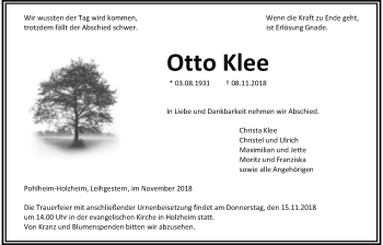 Traueranzeige von Otto Klee von Giessener Allgemeine, Alsfelder Allgemeine