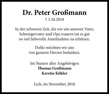 Traueranzeige von Peter Großmann von Licher Wochenblatt, Licher Wochenblatt, Licher Wochenblatt