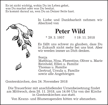 Traueranzeige von Peter Wild von Giessener Allgemeine, Alsfelder Allgemeine