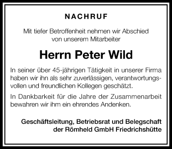 Traueranzeige von Peter Wild von Giessener Allgemeine, Alsfelder Allgemeine