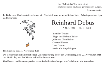 Traueranzeige von Reinhard Debus von Giessener Allgemeine, Alsfelder Allgemeine