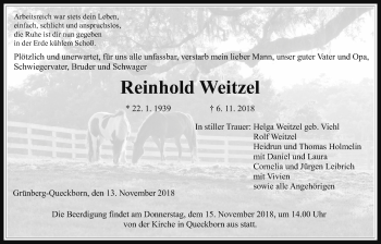 Traueranzeige von Reinhold Weitzel von Giessener Allgemeine, Alsfelder Allgemeine