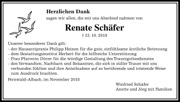 Traueranzeige von Renate Schäfer von Giessener Allgemeine, Alsfelder Allgemeine