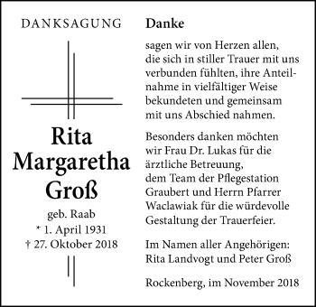 Traueranzeige von Rita Margaretha Groß von Wetterauer Zeitung, Wetterauer Zeitung