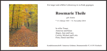 Traueranzeige von Rosemarie Theile von Wetterauer Zeitung, Wetterauer Zeitung