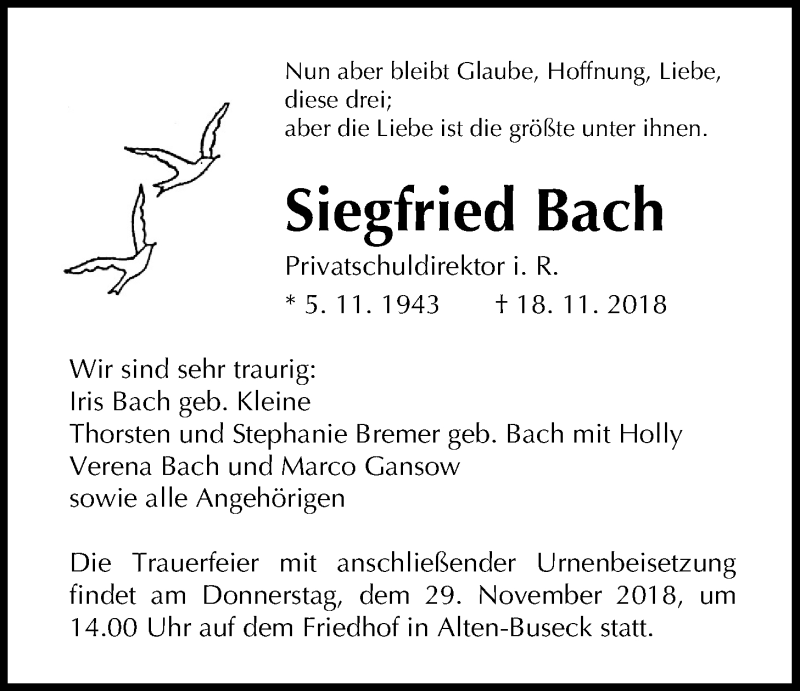  Traueranzeige für Siegfried Bach vom 24.11.2018 aus Giessener Allgemeine, Alsfelder Allgemeine