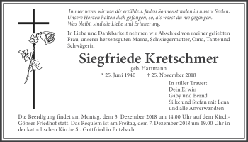 Traueranzeige von Siegfriede Kretschmer von Wetterauer Zeitung, Wetterauer Zeitung