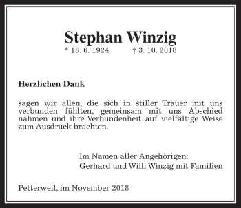 Traueranzeige von Stephan Winzig von Wetterauer Zeitung, Wetterauer Zeitung