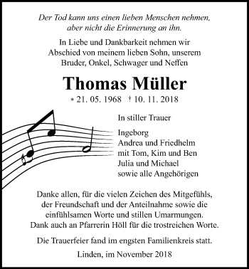 Traueranzeige von Thomas Müller von Giessener Allgemeine, Alsfelder Allgemeine
