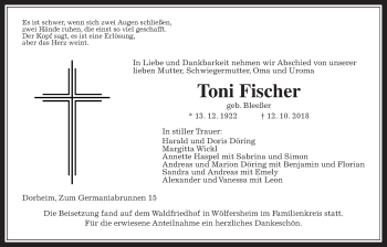 Traueranzeige von Toni Fischer von Wetterauer Zeitung, Wetterauer Zeitung
