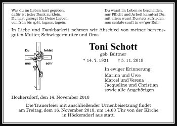 Traueranzeige von Toni Schott von Alsfelder Allgemeine