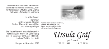 Traueranzeige von Ursula Gräf von Wetterauer Zeitung, Wetterauer Zeitung
