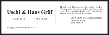 Traueranzeige von Uschi  Gräf von Wetterauer Zeitung, Wetterauer Zeitung