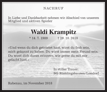 Traueranzeige von Waldemar Krampitz von Rabenauer Zeitung