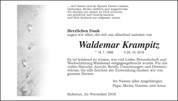 Traueranzeige von Waldemar Krampitz von Allendorfer Mitteilungen, Rabenauer Zeitung