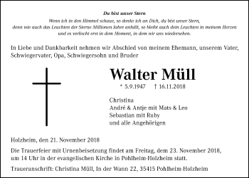 Traueranzeige von Walter Müll von Giessener Allgemeine, Alsfelder Allgemeine