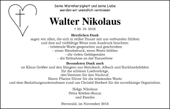 Traueranzeige von Walter Nikolaus von Giessener Allgemeine, Alsfelder Allgemeine