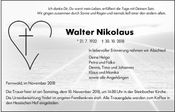 Traueranzeige von Walter Nikolaus von Giessener Allgemeine, Alsfelder Allgemeine