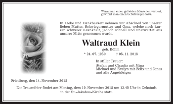 Traueranzeige von Waltraud Klein von Wetterauer Zeitung, Wetterauer Zeitung