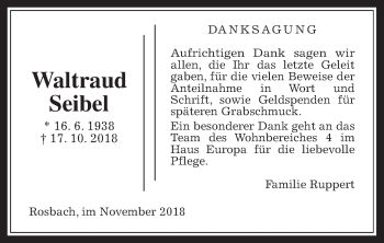 Traueranzeige von Waltraud Seibel von Wetterauer Zeitung, Wetterauer Zeitung