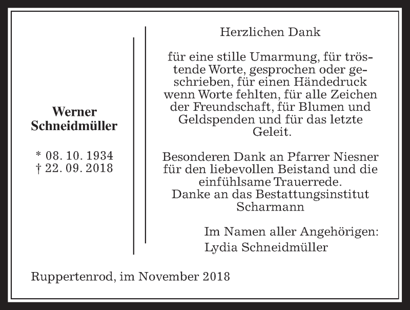  Traueranzeige für Werner Schneidmüller vom 09.11.2018 aus Alsfelder Allgemeine