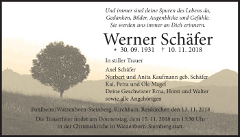Traueranzeige von Werner Schäfer von Giessener Allgemeine, Alsfelder Allgemeine