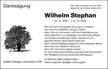 Traueranzeige von Wilhelm Stephan von Giessener Allgemeine, Alsfelder Allgemeine