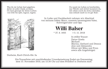 Traueranzeige von Willi Balser von Wetterauer Zeitung, Wetterauer Zeitung