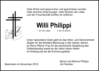 Traueranzeige von Willi Philippi von Wetterauer Zeitung, Wetterauer Zeitung