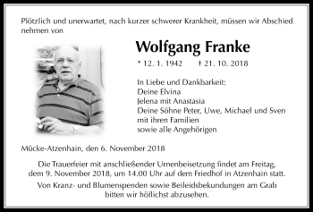 Traueranzeige von Wolfgang Franke von Giessener Allgemeine, Alsfelder Allgemeine